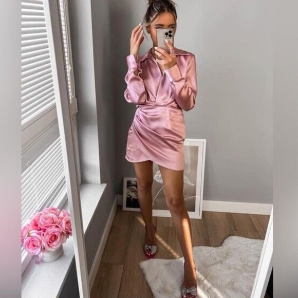 ZARA Dusty Pink Satin Effect Wrap Long Sleeve Dress $59.90 - Picture 6 of 14